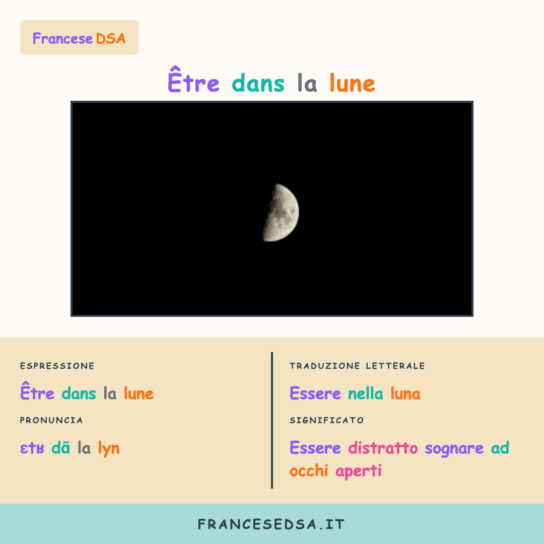 Illustrazione modo di dire francese: Être dans la lune - Essere distratto, sognare ad occhi aperti