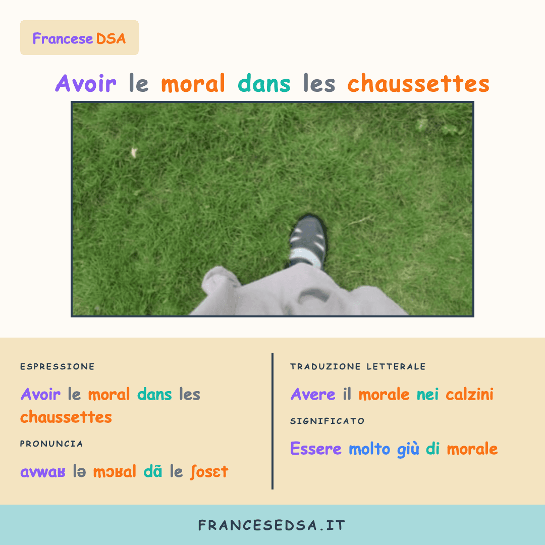Illustrazione modo di dire francese: Avoir le moral dans les chaussettes - Essere molto giù di morale
