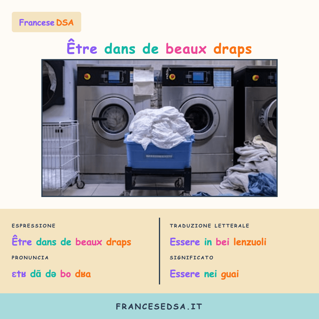 Illustrazione modo di dire francese: Être dans de beaux draps - Essere nei guai