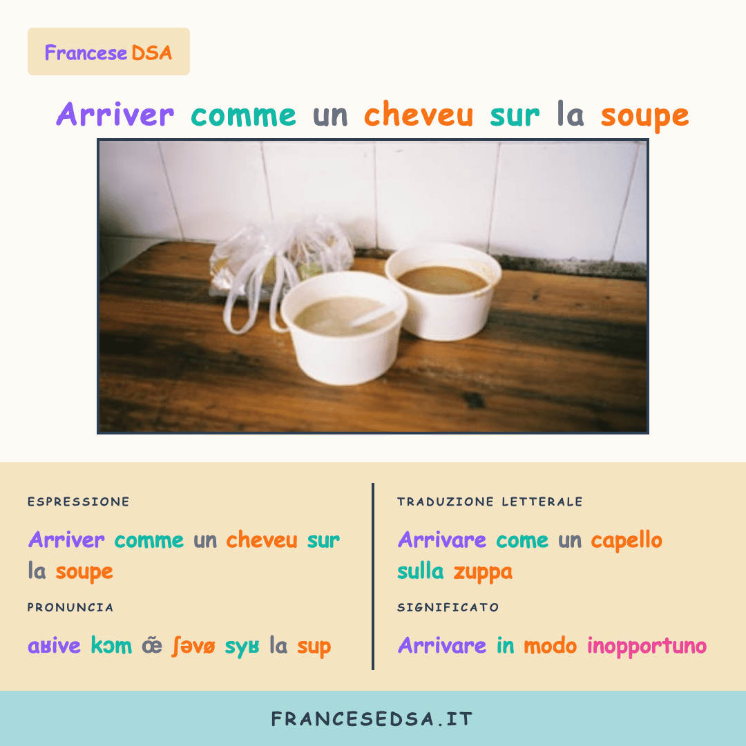 Illustrazione modo di dire francese: Arriver comme un cheveu sur la soupe - Arrivare in modo inopportuno